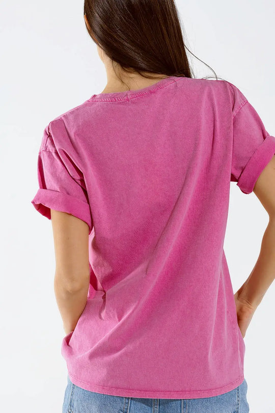 Oversized fuchsia t-shirt printed LA Los Angeles in white and fuchsia - PINK / ONE - T-Shirts