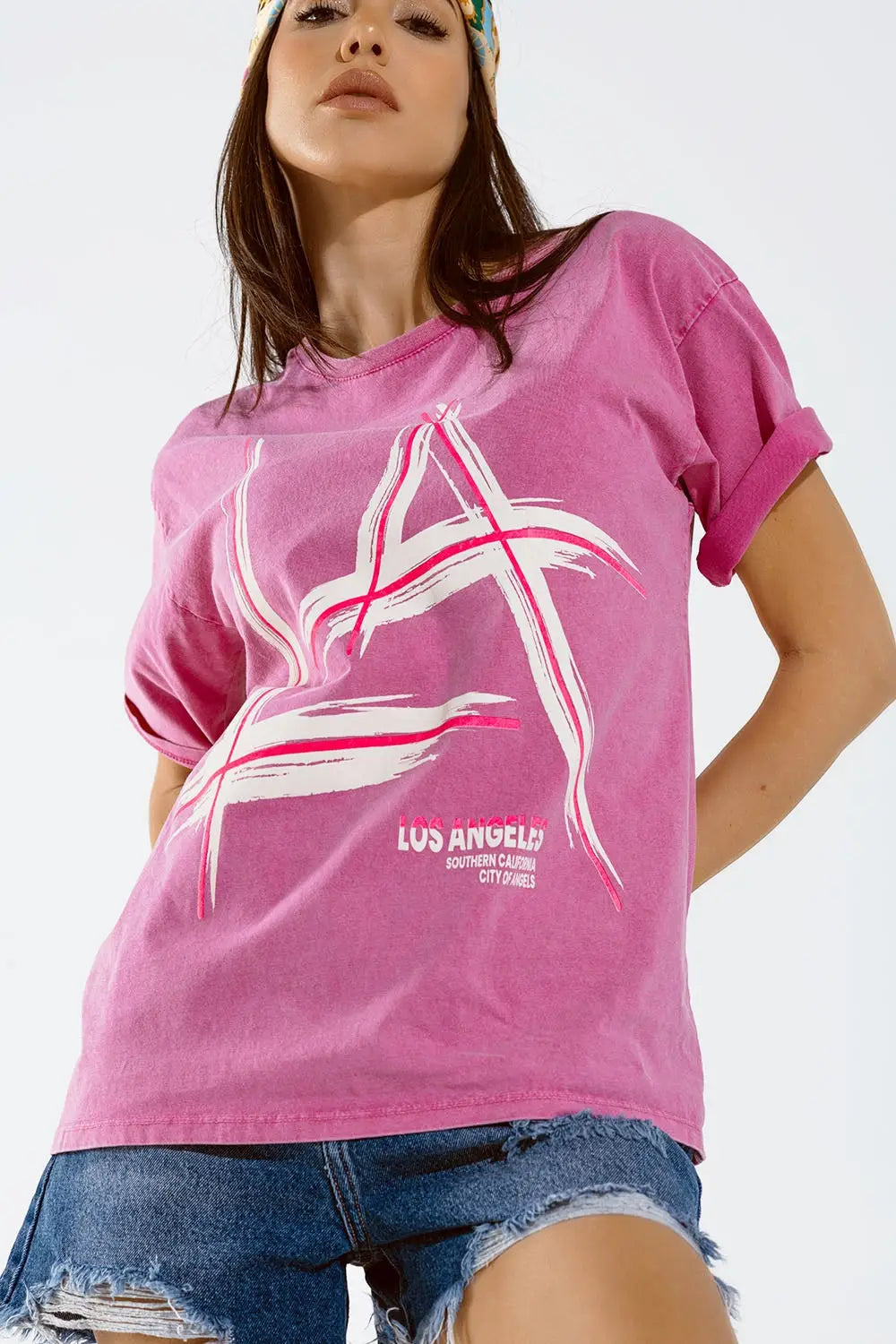 Oversized fuchsia t-shirt printed LA Los Angeles in white and fuchsia - PINK / ONE - T-Shirts