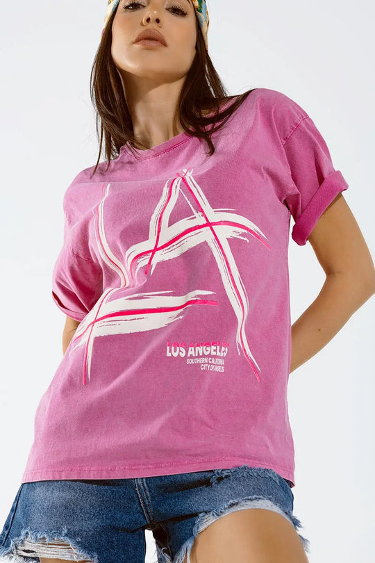Oversized fuchsia t-shirt printed LA Los Angeles in white and fuchsia - PINK / ONE - T-Shirts