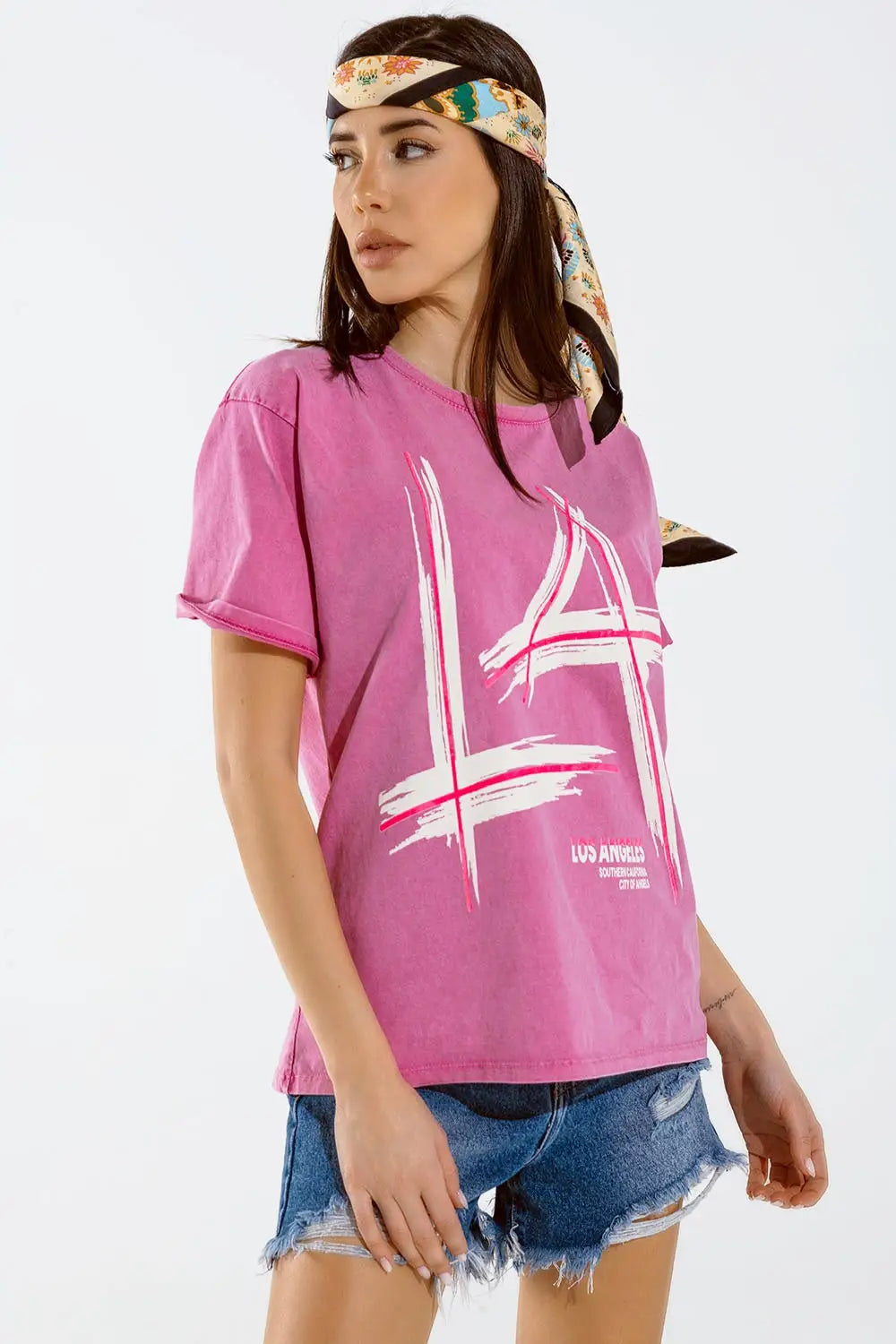 Oversized fuchsia t-shirt printed LA Los Angeles in white and fuchsia - PINK / ONE - T-Shirts