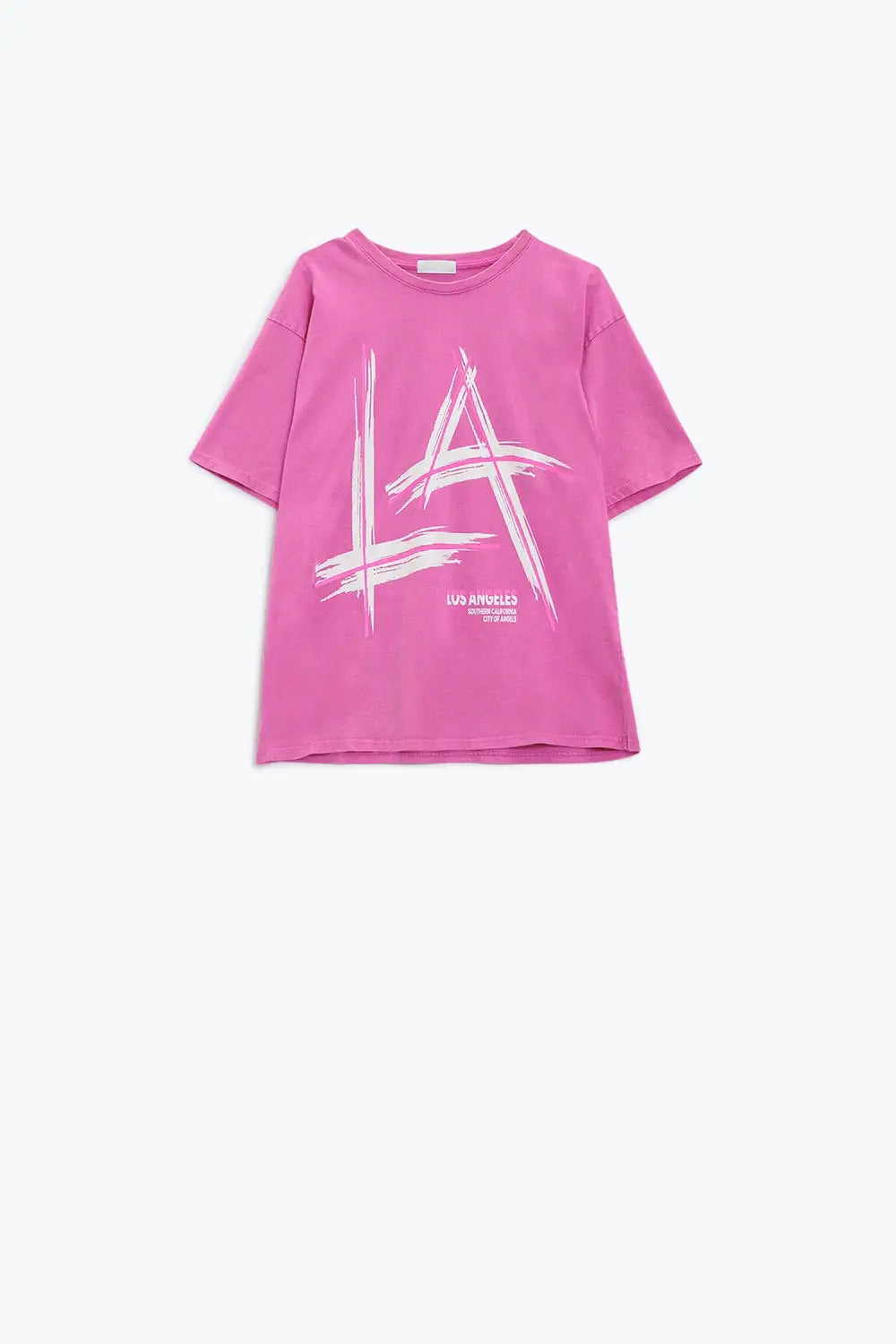 Oversized fuchsia t-shirt printed LA Los Angeles in white and fuchsia - PINK / ONE - T-Shirts