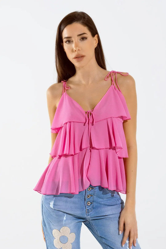 Ruffle Top WIth Thin straps in Fuchsia - Tops