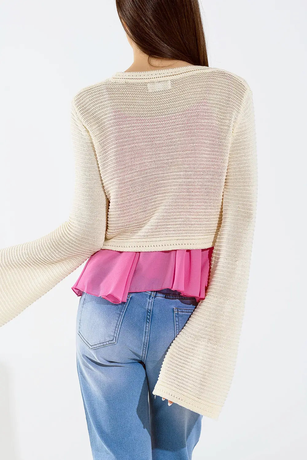 Long Bell Sleeve Knitted Cardigan in Cream With knot detail - BEIGE / ONE - Cardigans