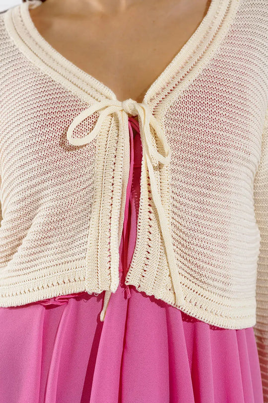 Long Bell Sleeve Knitted Cardigan in Cream With knot detail - BEIGE / ONE - Cardigans