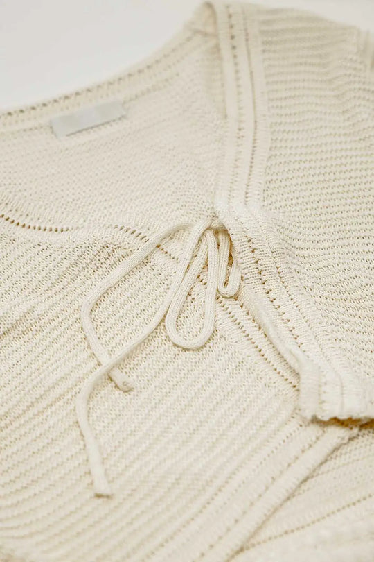 Long Bell Sleeve Knitted Cardigan in Cream With knot detail - BEIGE / ONE - Cardigans