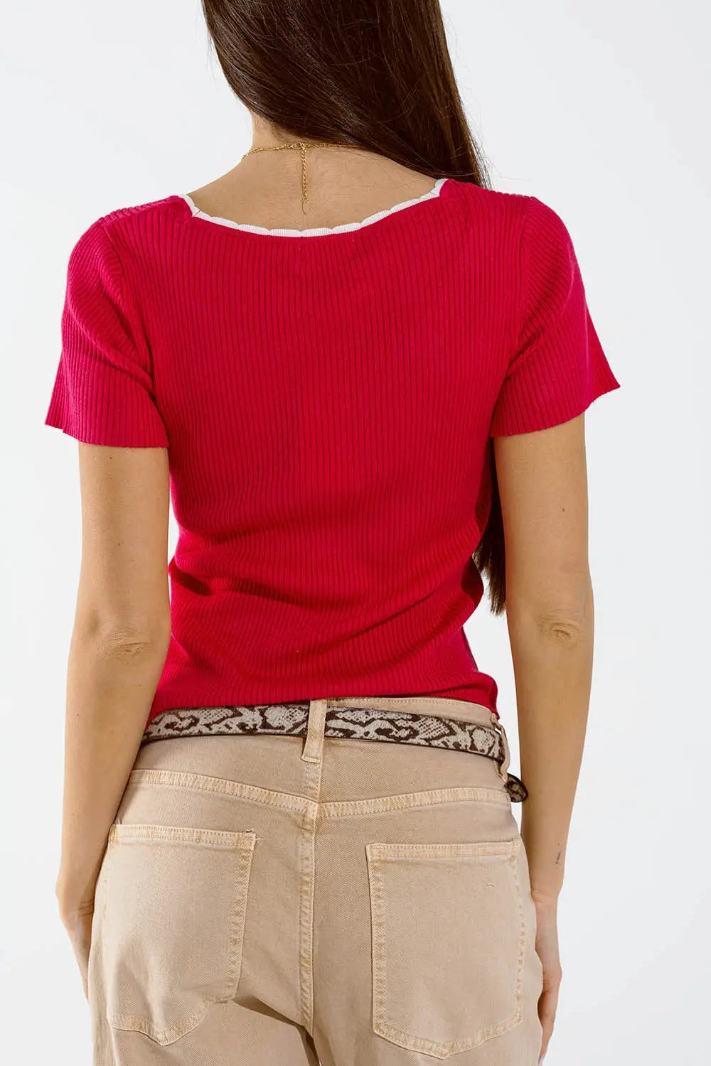 Fuchsia Knitted Short Sleeve Sweater With Square Neck and White Trim - Sweaters