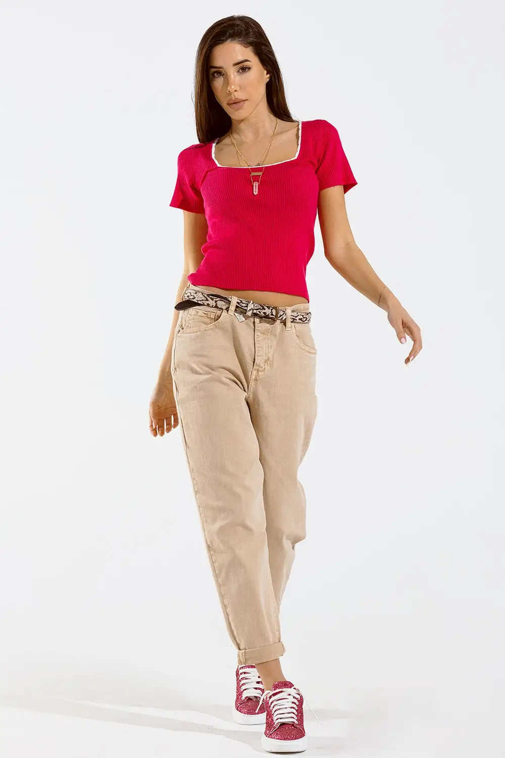 Fuchsia Knitted Short Sleeve Sweater With Square Neck and White Trim - Sweaters