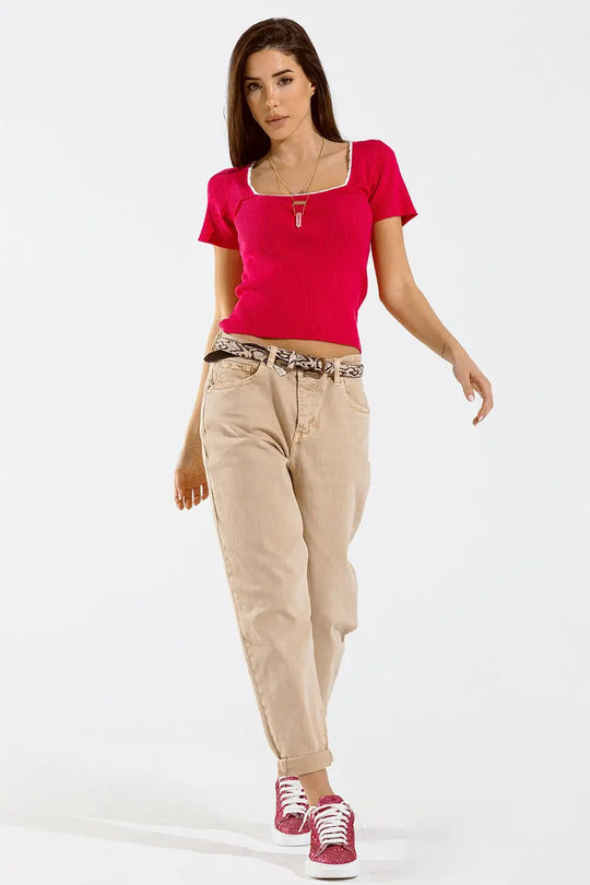 Fuchsia Knitted Short Sleeve Sweater With Square Neck and White Trim - Sweaters