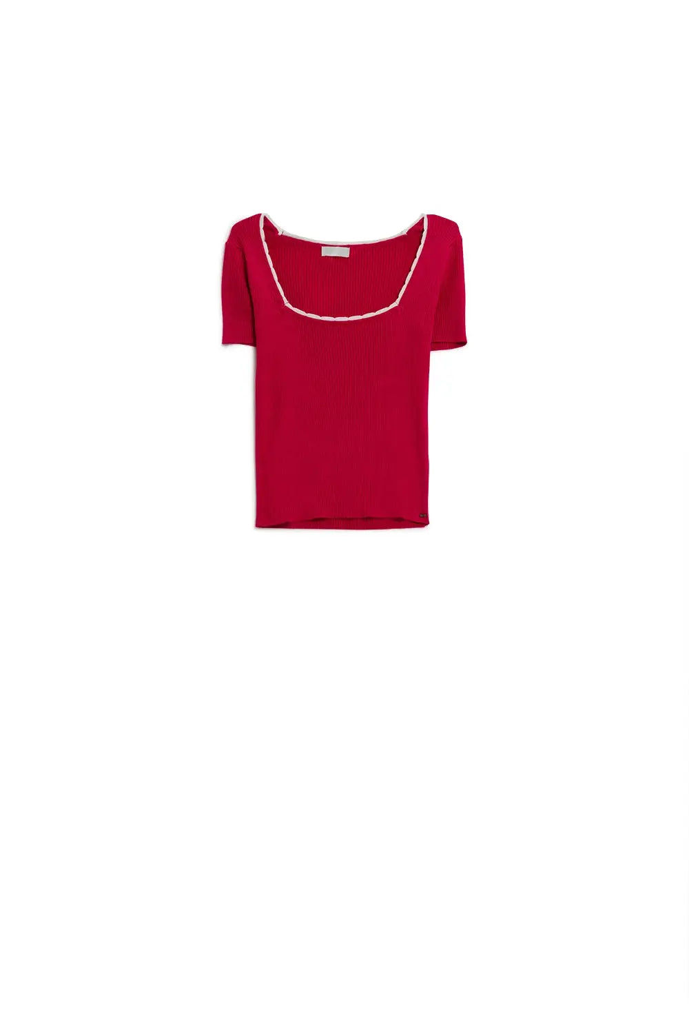Fuchsia Knitted Short Sleeve Sweater With Square Neck and White Trim - Sweaters