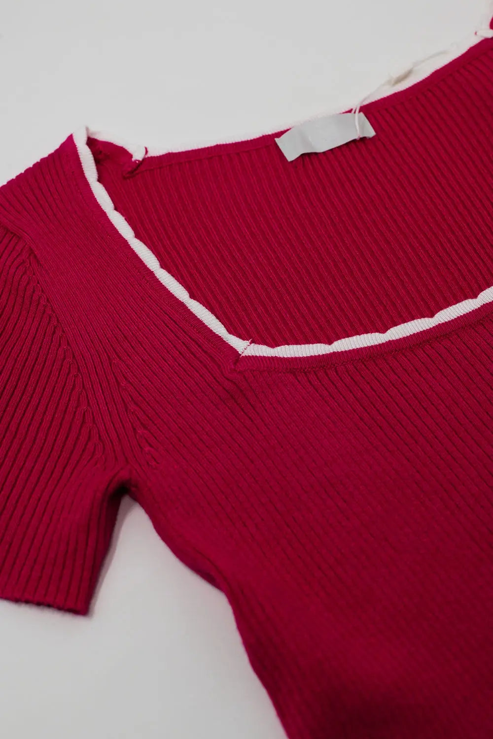 Fuchsia Knitted Short Sleeve Sweater With Square Neck and White Trim - Sweaters
