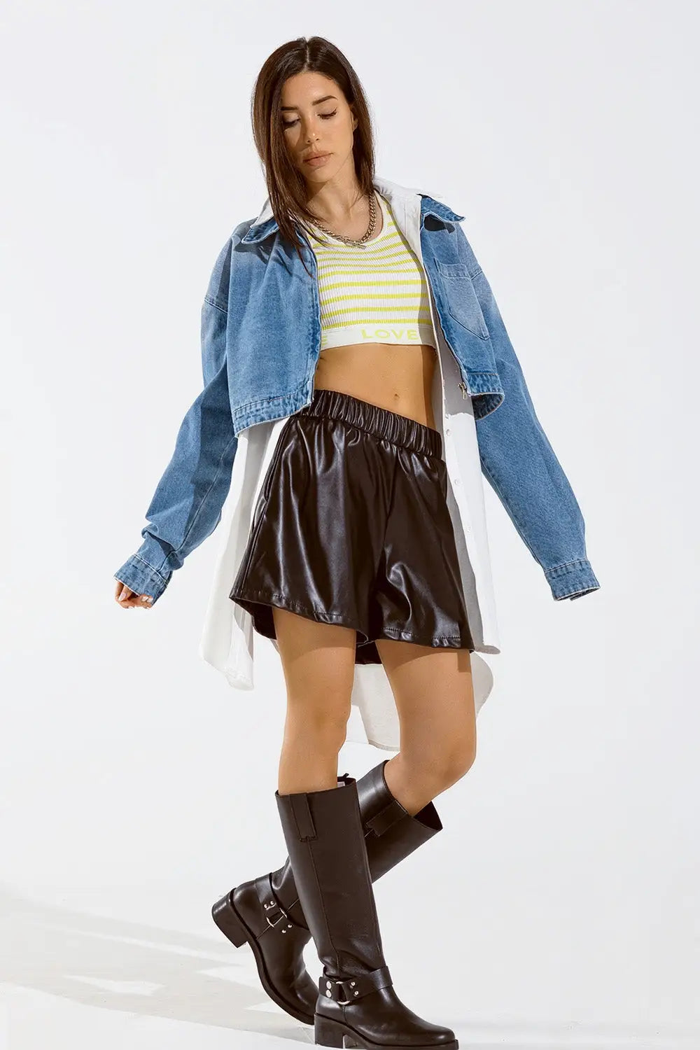 Cropped Denim Jacket with zipper closure and hand painted print at the back - Jackets