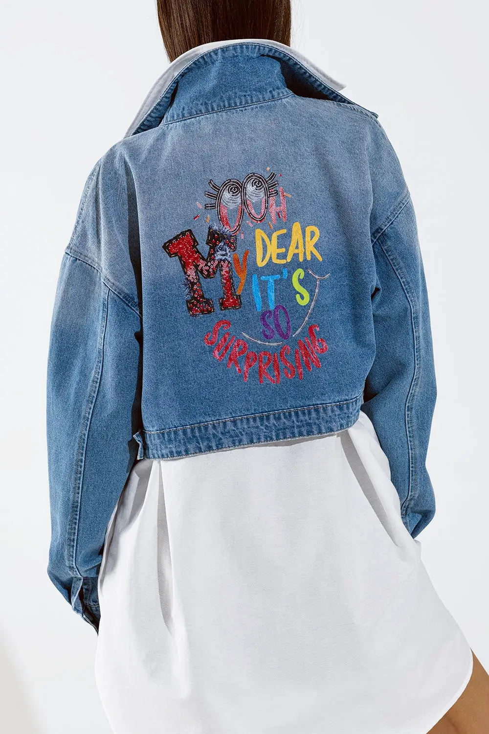 Cropped Denim Jacket with zipper closure and hand painted print at the back - Jackets