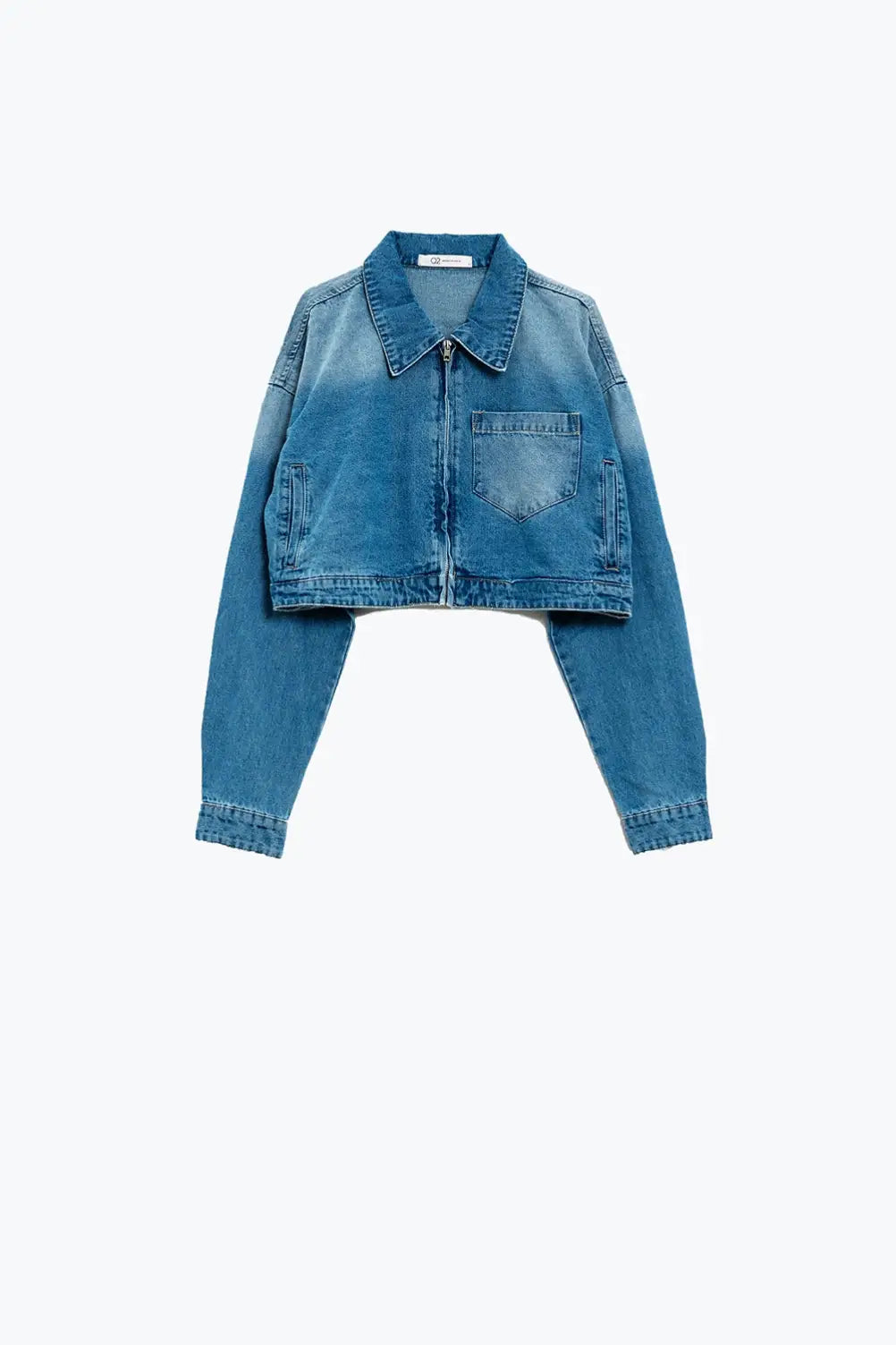 Cropped Denim Jacket with zipper closure and hand painted print at the back - Jackets