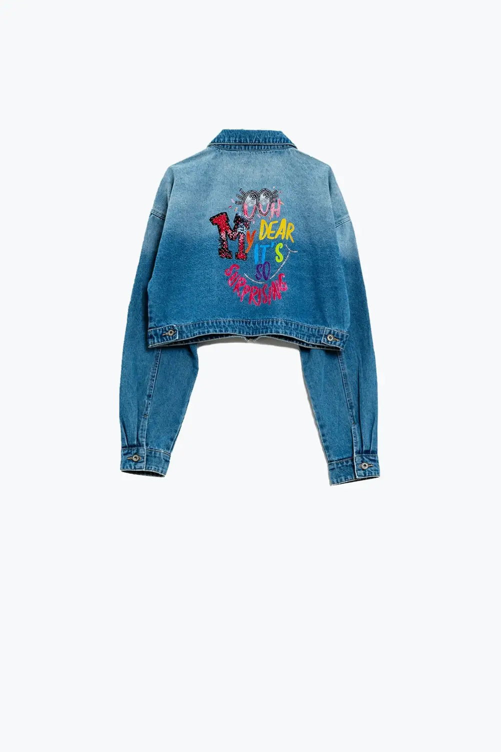 Cropped Denim Jacket with zipper closure and hand painted print at the back - Jackets
