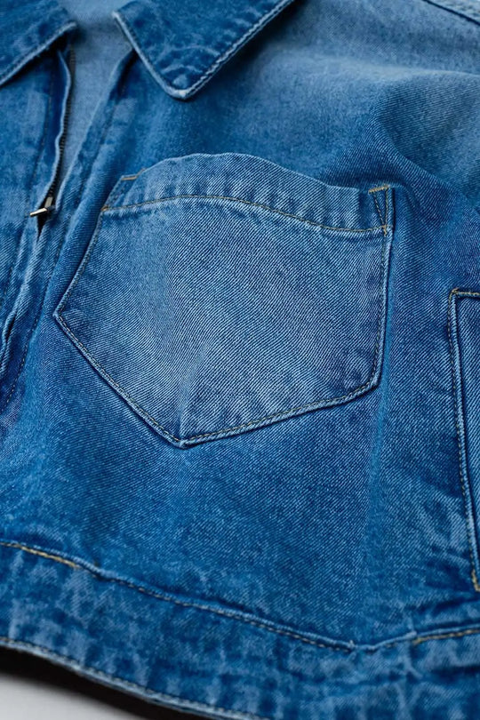 Cropped Denim Jacket with zipper closure and hand painted print at the back - Jackets