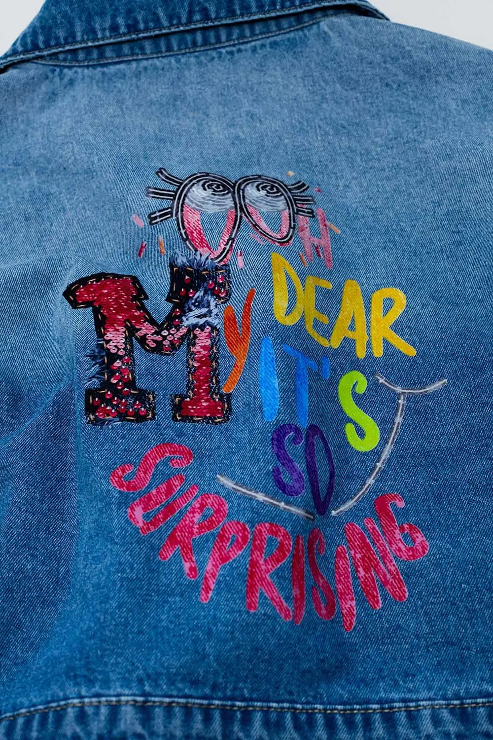 Cropped Denim Jacket with zipper closure and hand painted print at the back - Jackets