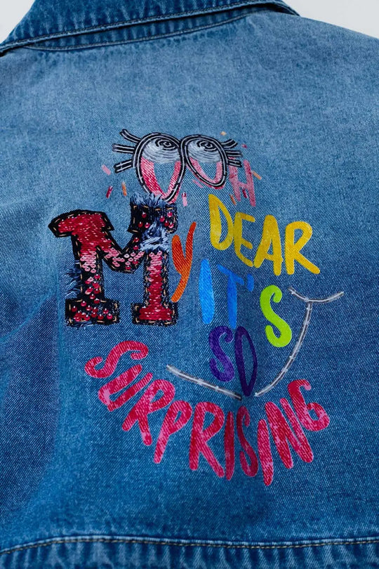 Cropped Denim Jacket with zipper closure and hand painted print at the back - Jackets