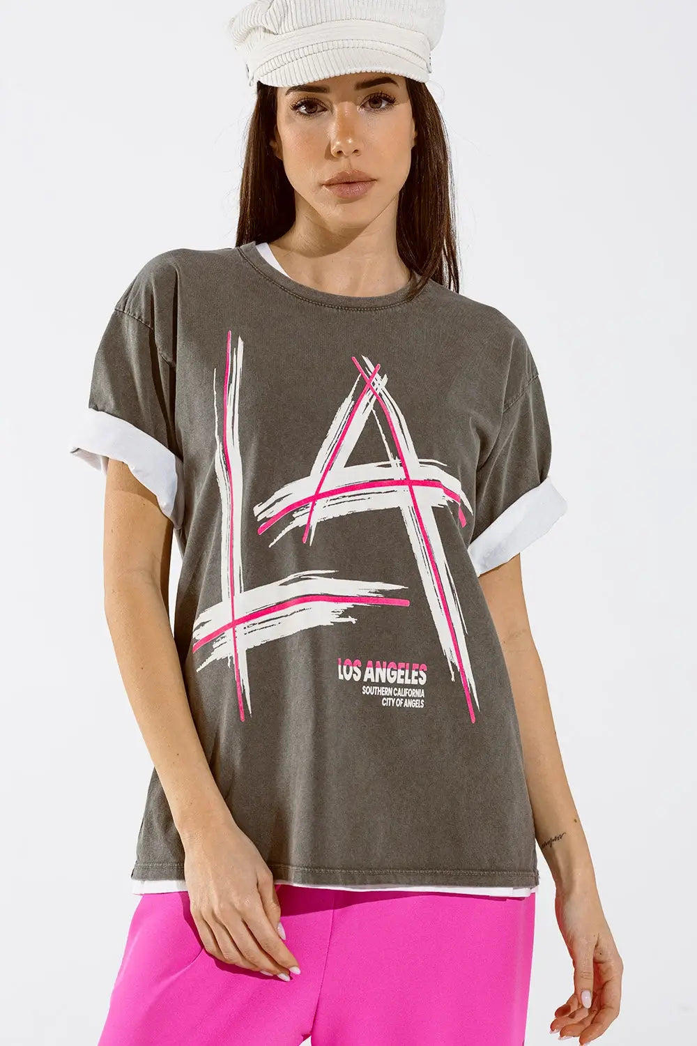Grey oversize t-shirt Prints LA Los Angeles in pink and white - GRAY / ONE - T-Shirts