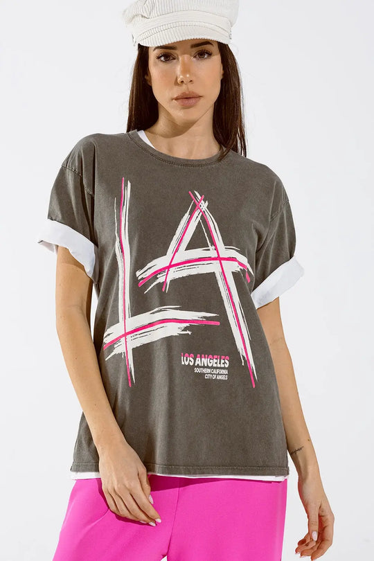 Grey oversize t-shirt Prints LA Los Angeles in pink and white - GRAY / ONE - T-Shirts