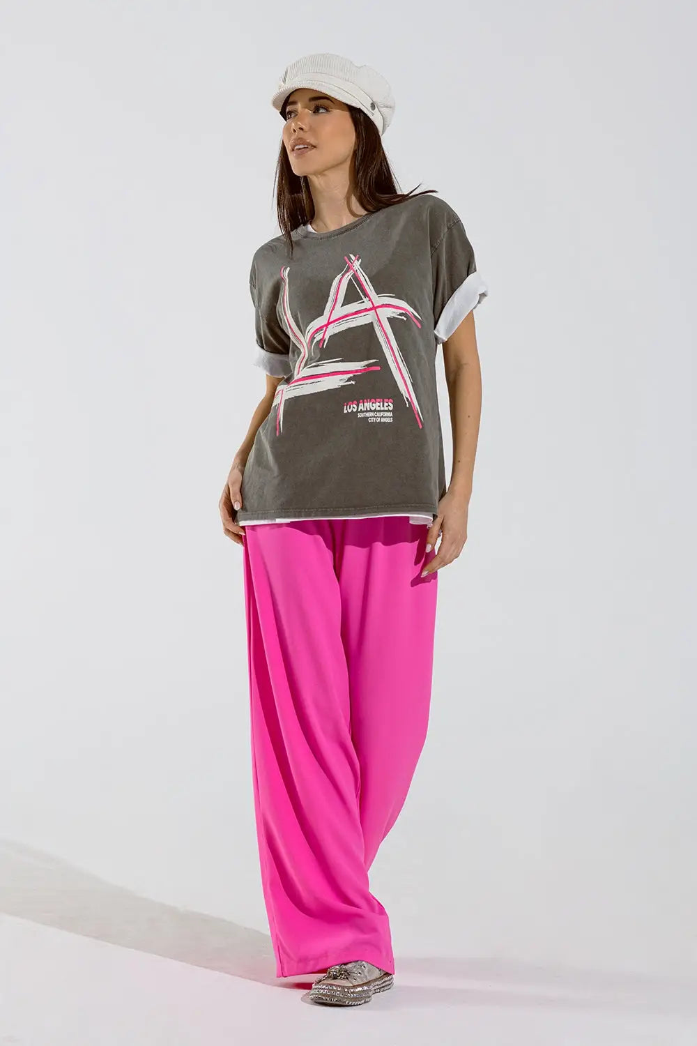 Grey oversize t-shirt Prints LA Los Angeles in pink and white - GRAY / ONE - T-Shirts
