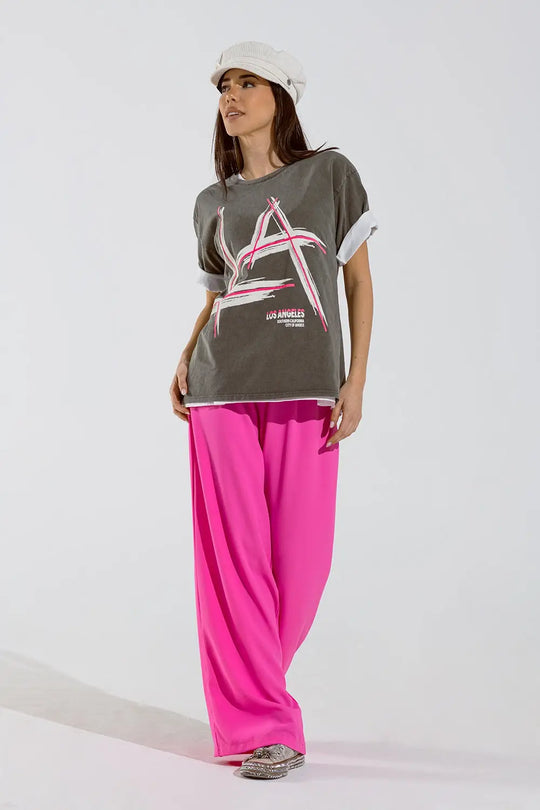 Grey oversize t-shirt Prints LA Los Angeles in pink and white - GRAY / ONE - T-Shirts