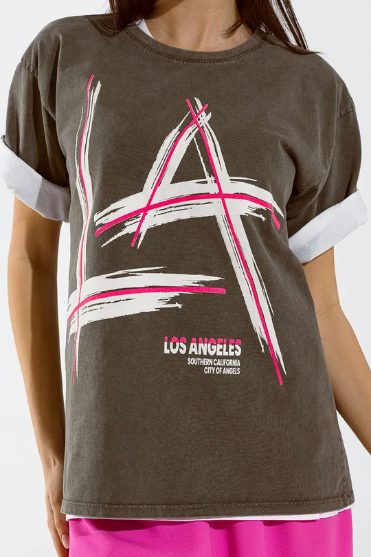 Grey oversize t-shirt Prints LA Los Angeles in pink and white - GRAY / ONE - T-Shirts