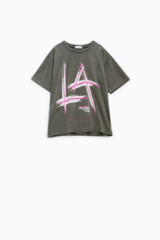 Grey oversize t-shirt Prints LA Los Angeles in pink and white - GRAY / ONE - T-Shirts