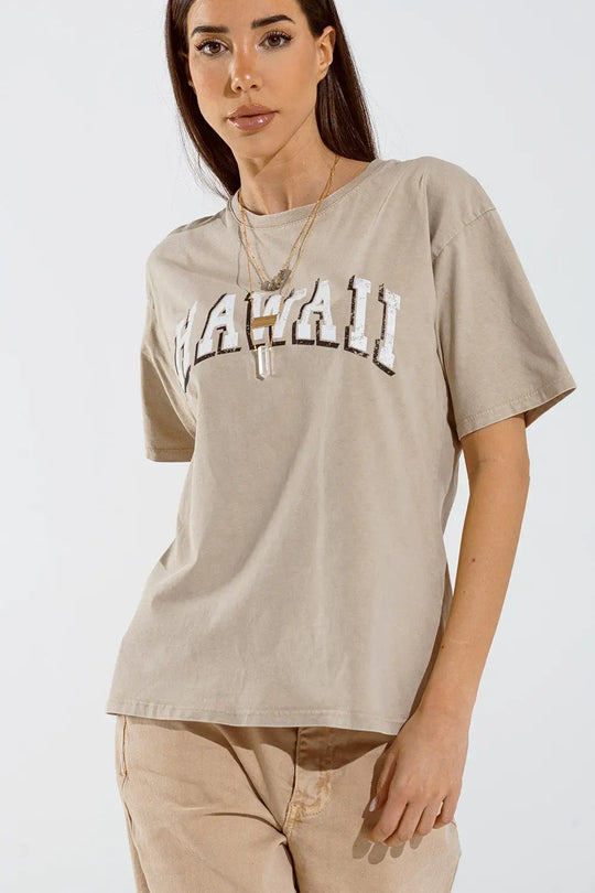 Washed Effect Hawaii T-Shirt In Beige - BEIGE / ONE - T-Shirts