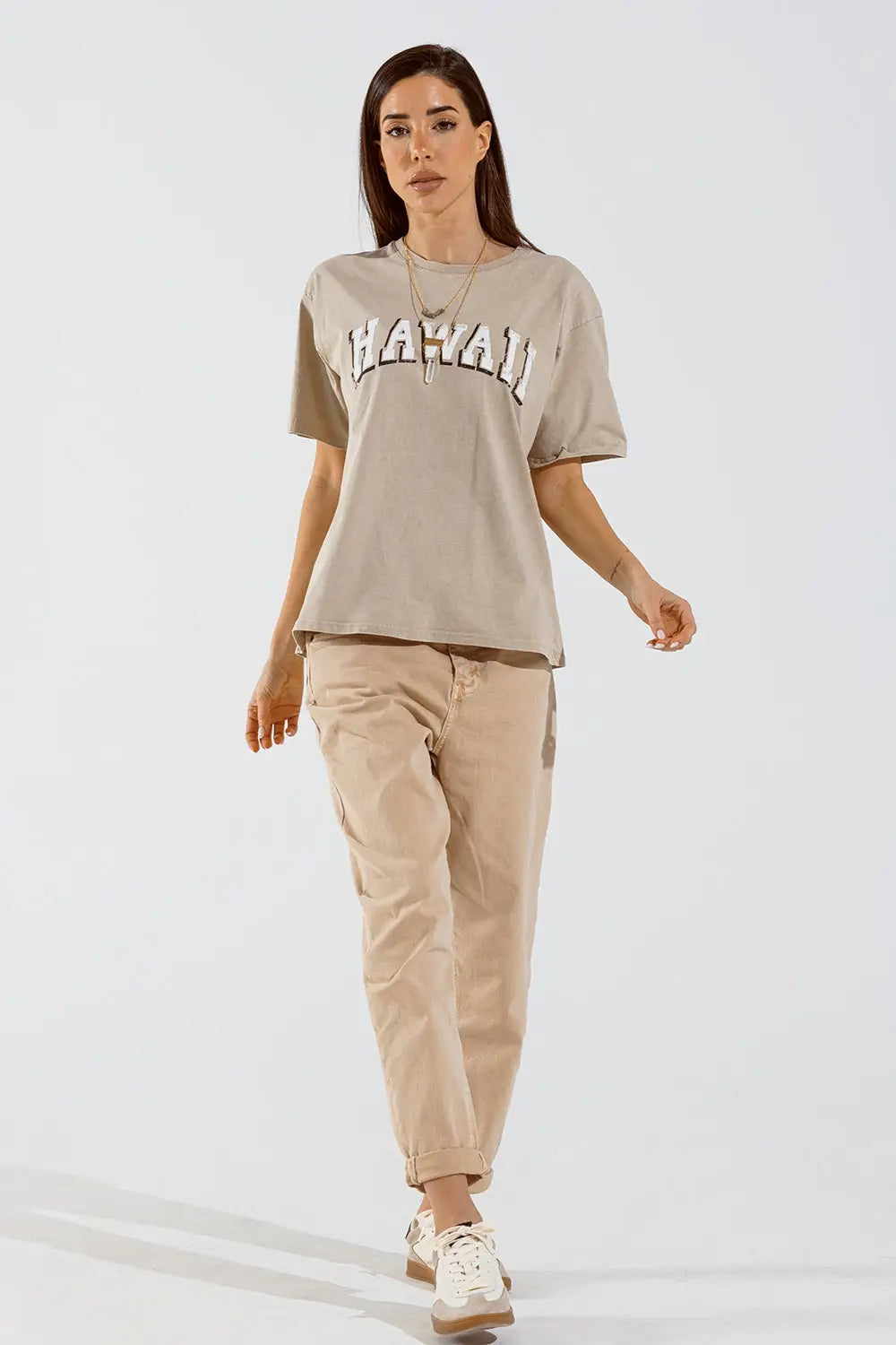 Washed Effect Hawaii T-Shirt In Beige - BEIGE / ONE - T-Shirts