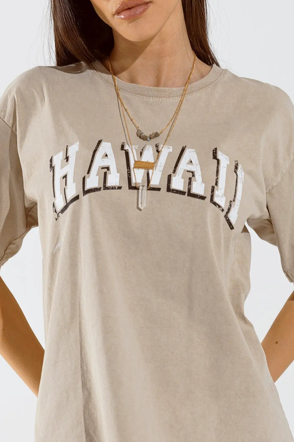 Washed Effect Hawaii T-Shirt In Beige - BEIGE / ONE - T-Shirts