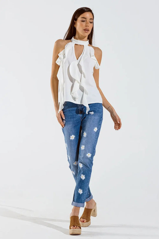 Sleeveless White Top with Ruffled Details and High Neck - Tops