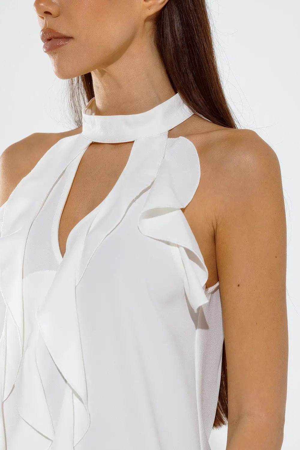 Sleeveless White Top with Ruffled Details and High Neck - Tops