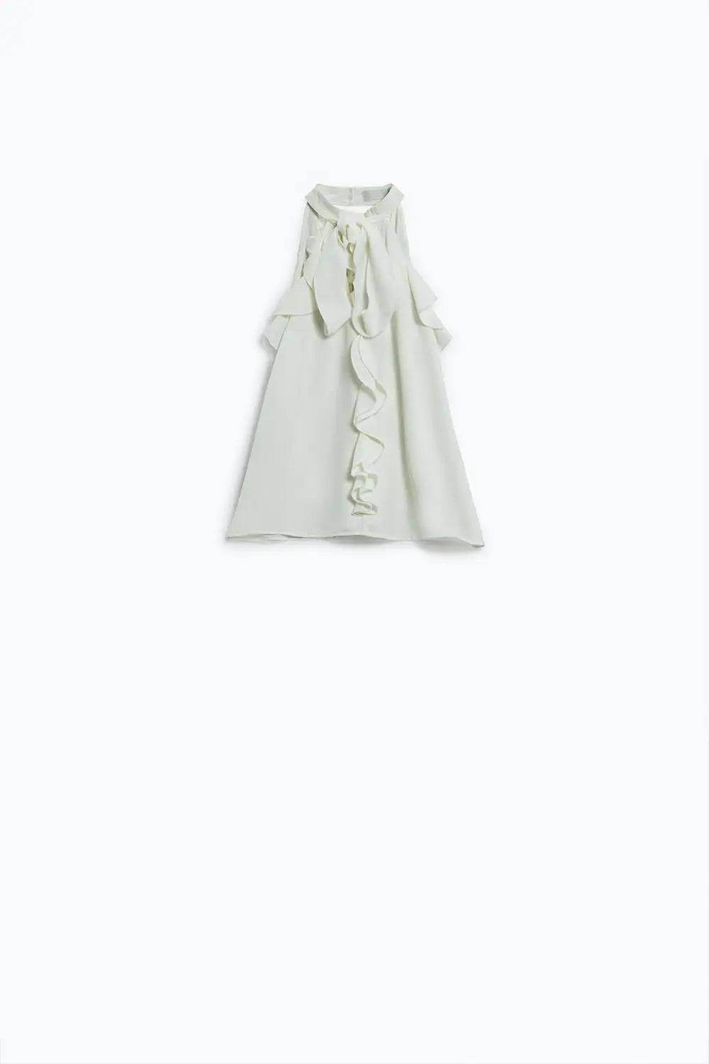 Sleeveless White Top with Ruffled Details and High Neck - Tops