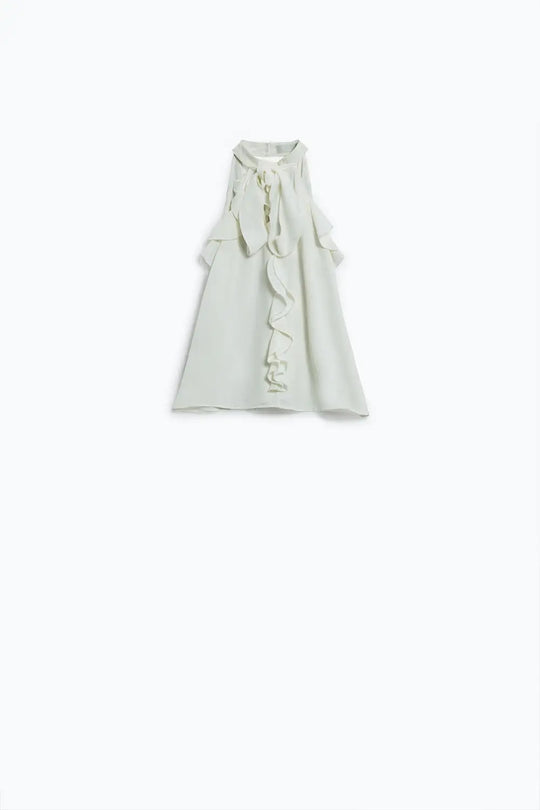 Sleeveless White Top with Ruffled Details and High Neck - Tops