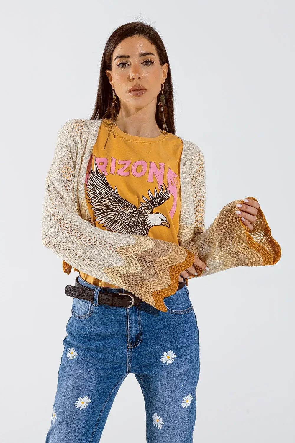 Short knitted cardigan with angel sleeves and wave multicolor detail in beige - BEIGE / ONE - Cardigans