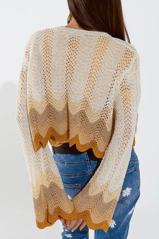Short knitted cardigan with angel sleeves and wave multicolor detail in beige - BEIGE / ONE - Cardigans