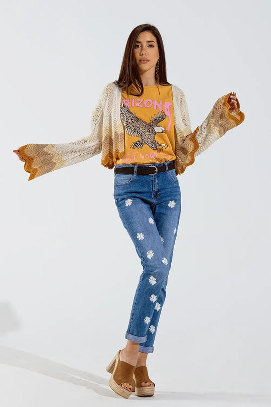 Short knitted cardigan with angel sleeves and wave multicolor detail in beige - BEIGE / ONE - Cardigans