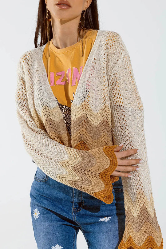 Short knitted cardigan with angel sleeves and wave multicolor detail in beige - BEIGE / ONE - Cardigans