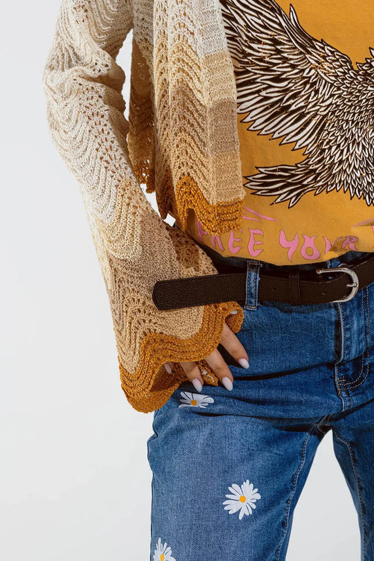 Short knitted cardigan with angel sleeves and wave multicolor detail in beige - BEIGE / ONE - Cardigans