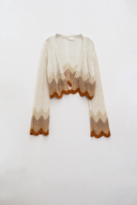 Short knitted cardigan with angel sleeves and wave multicolor detail in beige - BEIGE / ONE - Cardigans
