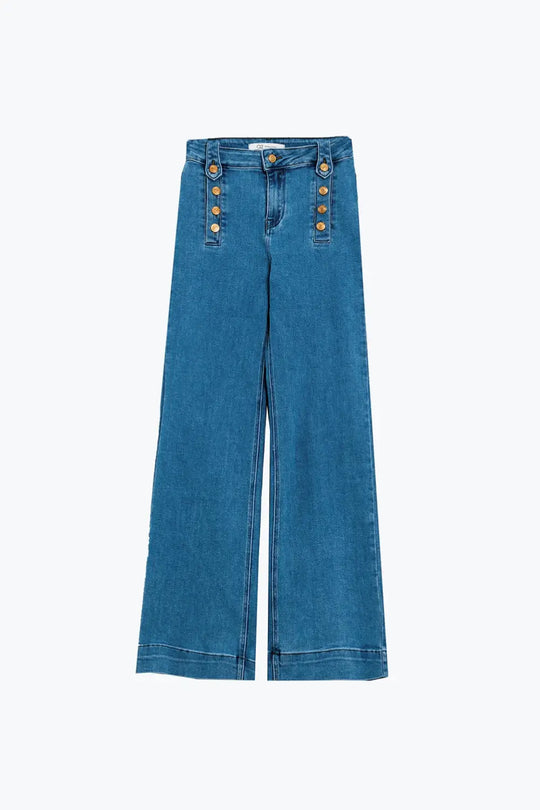 Straight Marine Style Jeans With Golden Buttons Details On The Side in Mid Blue