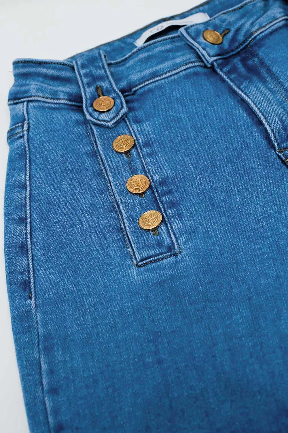 Straight Marine Style Jeans With Golden Buttons Details On The Side in Mid Blue