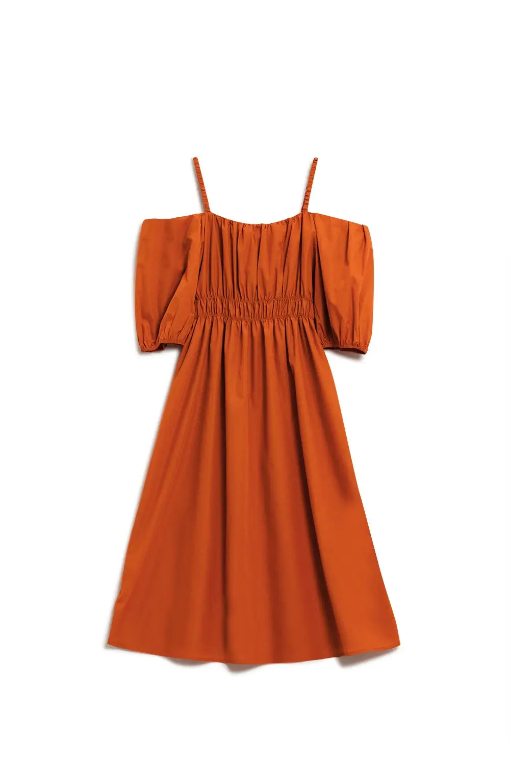 Midi orange dress with short sleeves and straps - Dresses