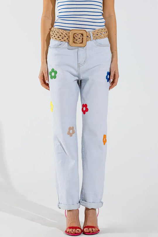 Bleached Relaxed Jeans With Multicolor Floral Design