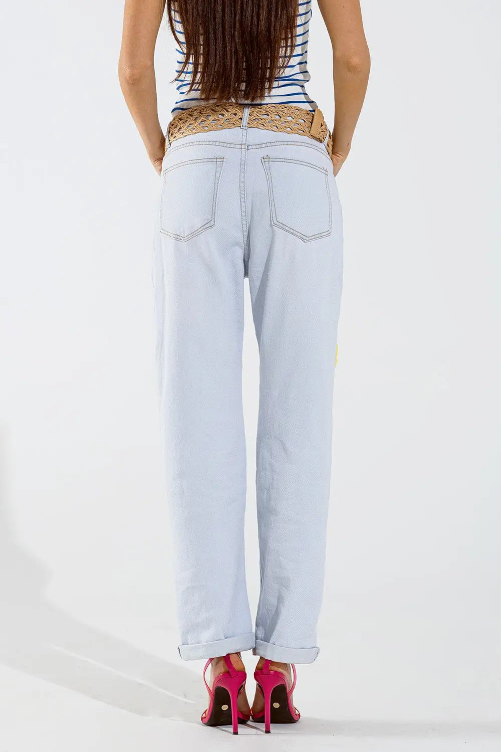 Bleached Relaxed Jeans With Multicolor Floral Design