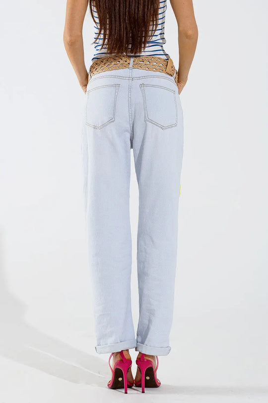 Bleached Relaxed Jeans With Multicolor Floral Design