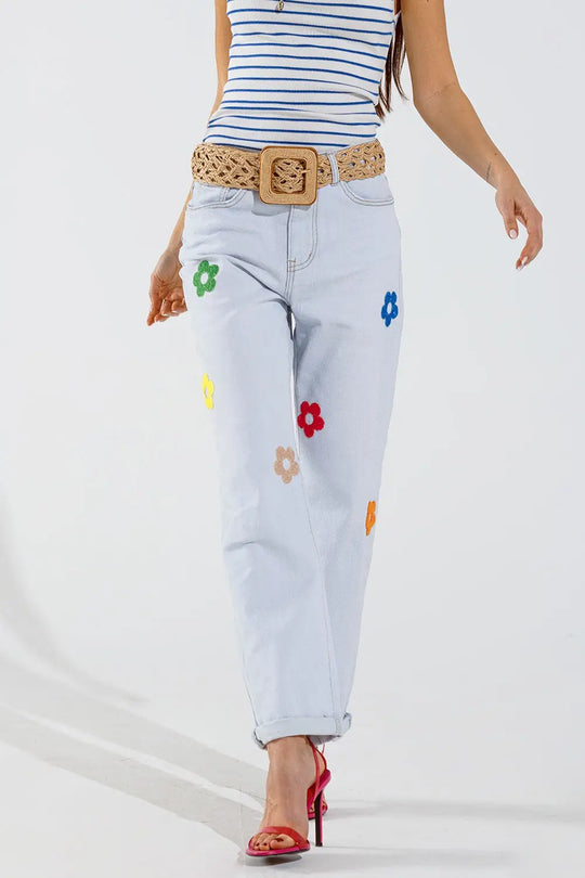Bleached Relaxed Jeans With Multicolor Floral Design