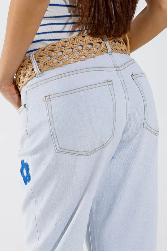 Bleached Relaxed Jeans With Multicolor Floral Design