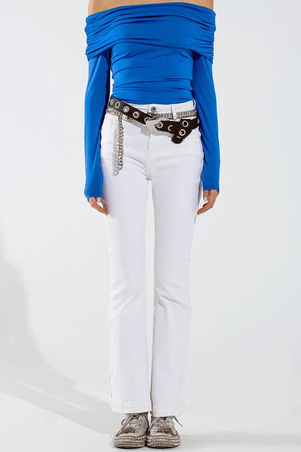 Skinny Flared Jeans With Double Button Detail in White - Colored Jeans
