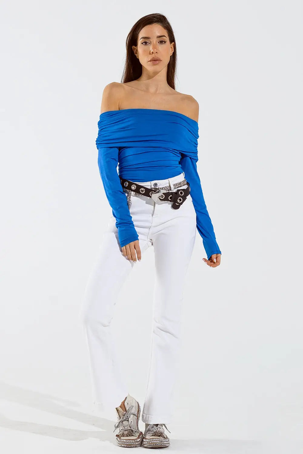 Skinny Flared Jeans With Double Button Detail in White - Colored Jeans